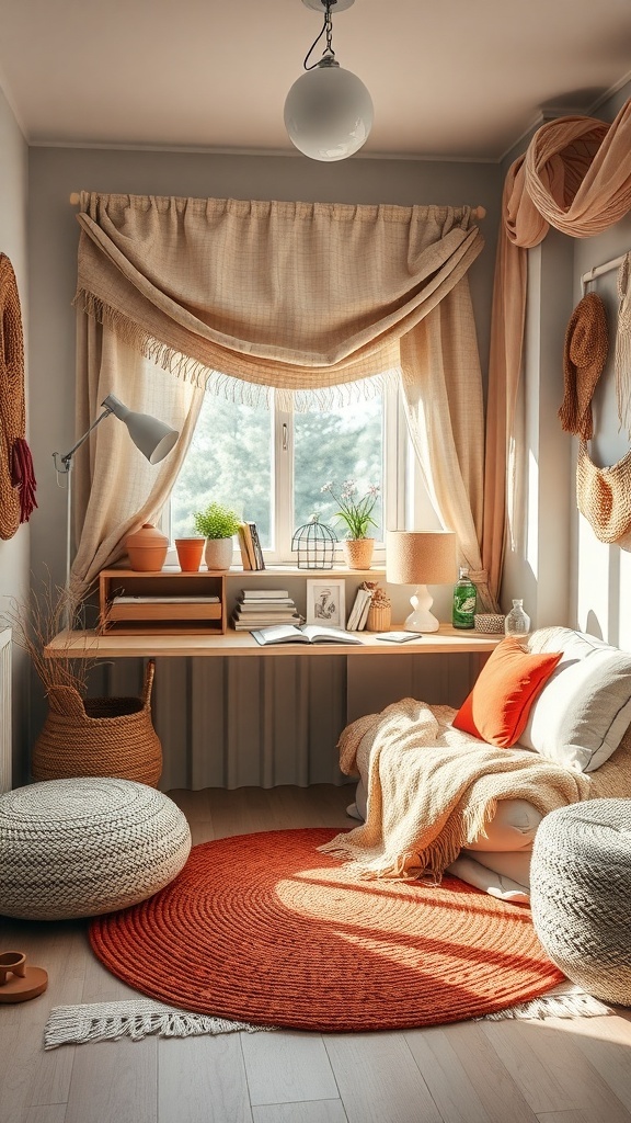 A cozy craft room with warm textiles, including a round orange rug, soft cushions, and a comfortable chair.
