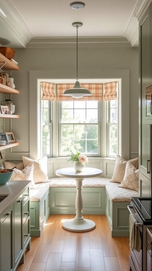 Cozy breakfast nook in a sage green farmhouse kitchen with a round table and chairs.
