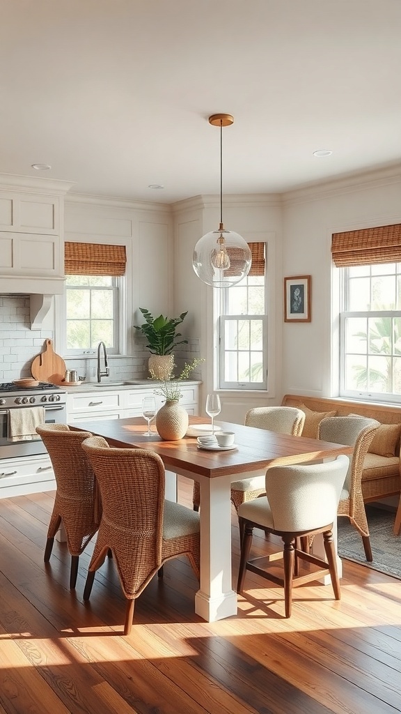 Cozy breakfast nook in a peninsula kitchen with wooden table and comfortable chairs.