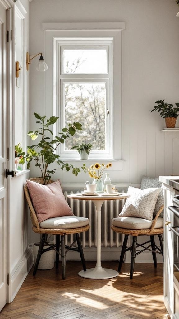 Cozy breakfast nook with two chairs, a small table, and plants by the window