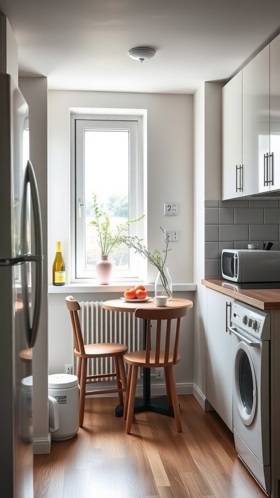 A cozy breakfast nook with a round table and two wooden chairs by a window in a kitchen.