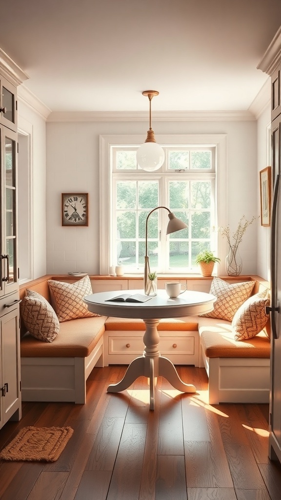 A cozy breakfast nook with a round table and cushioned seating by a window, illuminated by natural light.