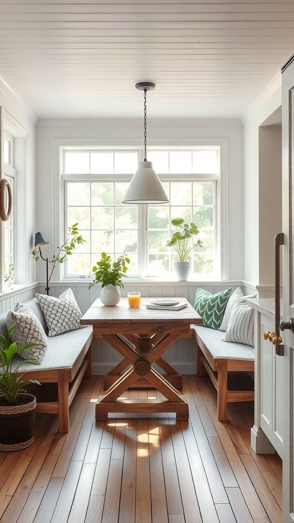 Cozy breakfast nook in a white farmhouse kitchen with wooden table and benches