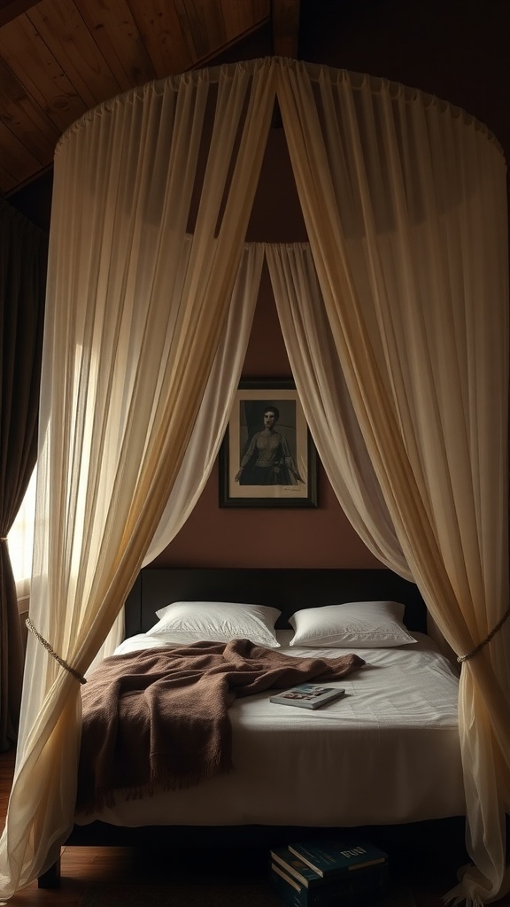 Cozy canopy bed with soft drapes and warm colors.