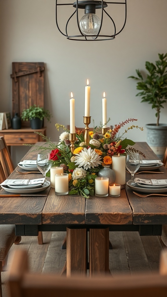 A rustic farmhouse dining table set with a floral centerpiece, candles, and elegant tableware.