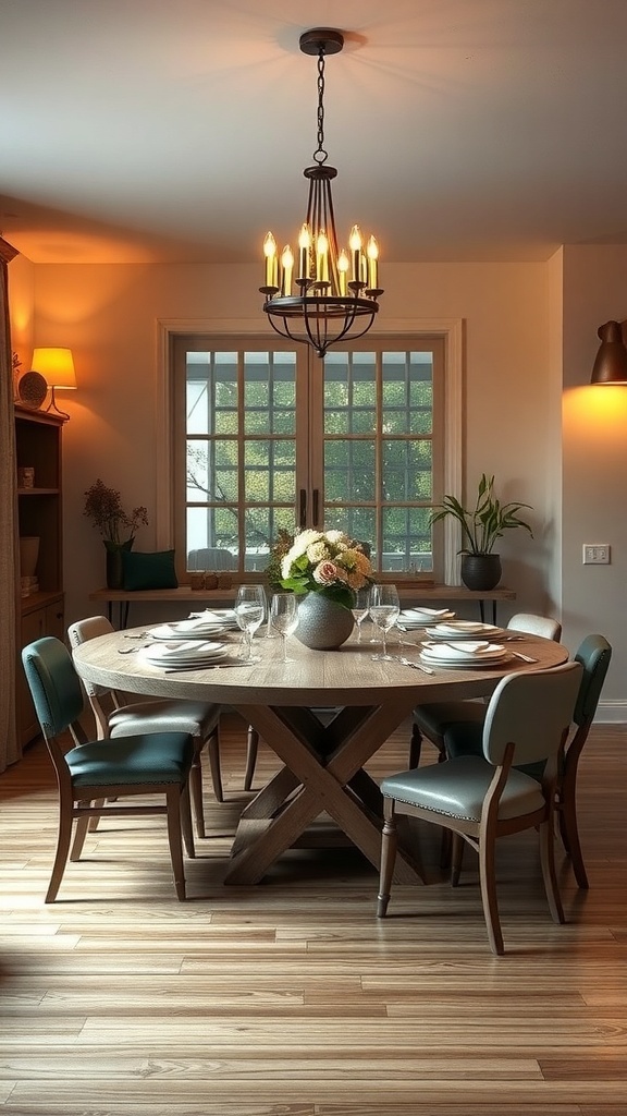 A cozy modern farmhouse dining area featuring a round wooden table with elegant chairs and soft lighting.