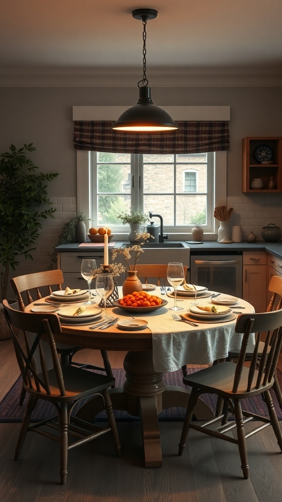 A cozy round farmhouse kitchen table set for dining with plates and glasses.