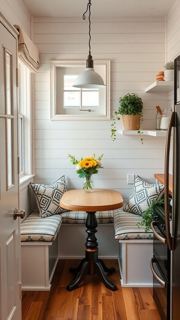 Cozy dining nook in a tiny farmhouse kitchen with a table, benches, and flowers.