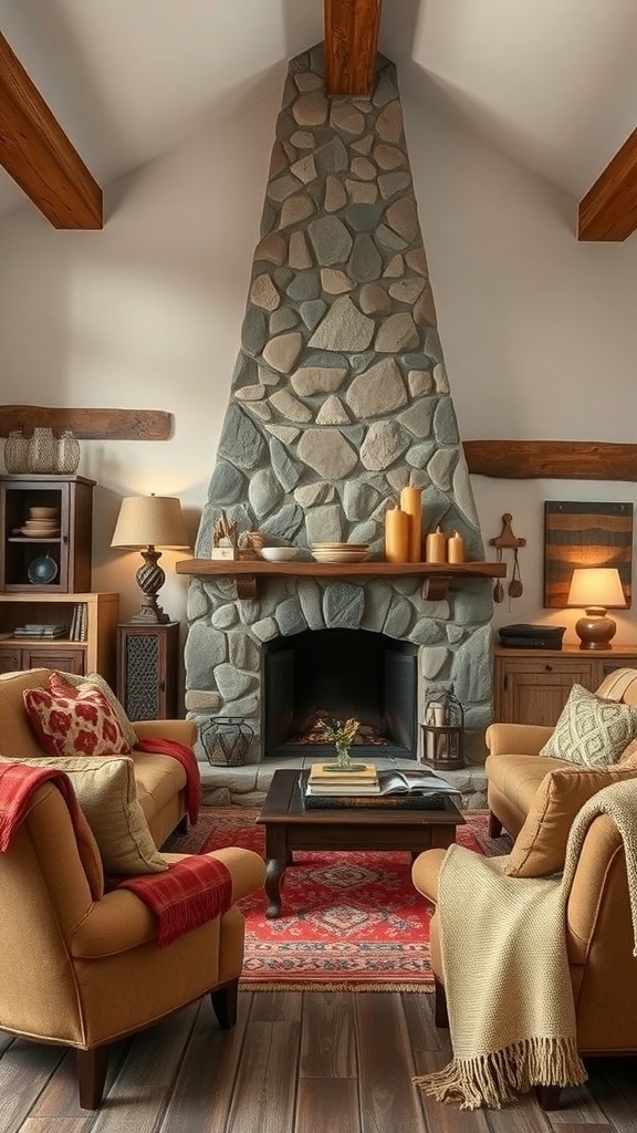 A cozy living room with a stone fireplace, warm seating, and decorative elements.