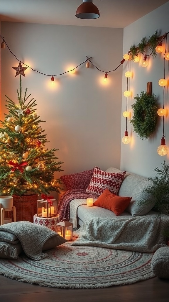 Cozy holiday nook with a decorated Christmas tree, soft blankets, and warm lighting.