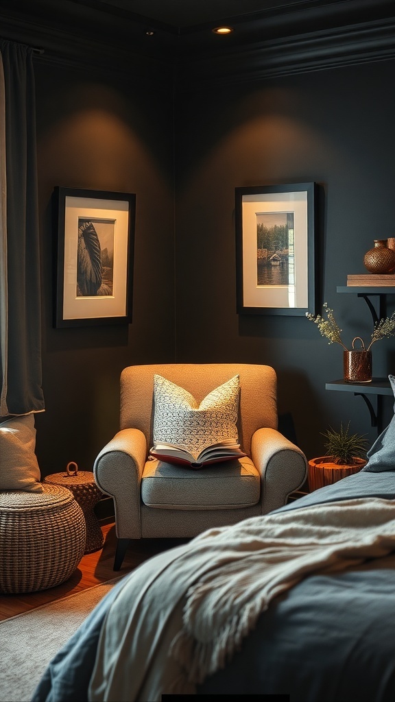 Cozy bedroom nook with black walls, featuring a light blue bedspread and a stylish chair.