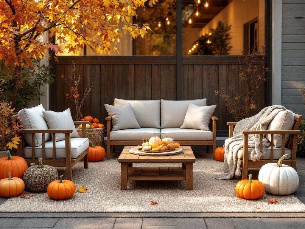 Cozy outdoor lounge with pumpkins and string lights for Thanksgiving