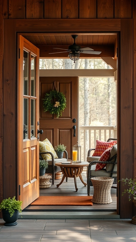 A rustic front door leading to a cozy porch with seating and plants.
