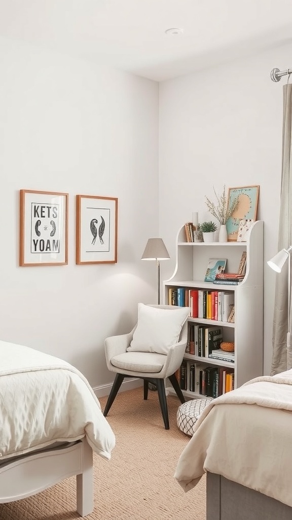 Cozy reading corner with a gray armchair, bookshelves, and warm lighting.