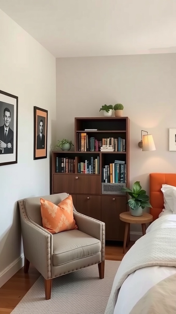 Cozy reading nook in a small bedroom with a chair, side table, and bookshelf.