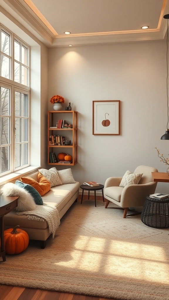 Cozy reading nook with a sofa, pillows, a small table, and pumpkins for fall decor.