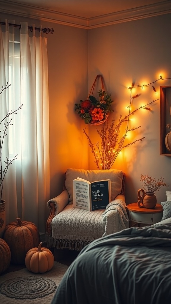 Cozy reading nook with a chair, book, pumpkins, and warm lighting