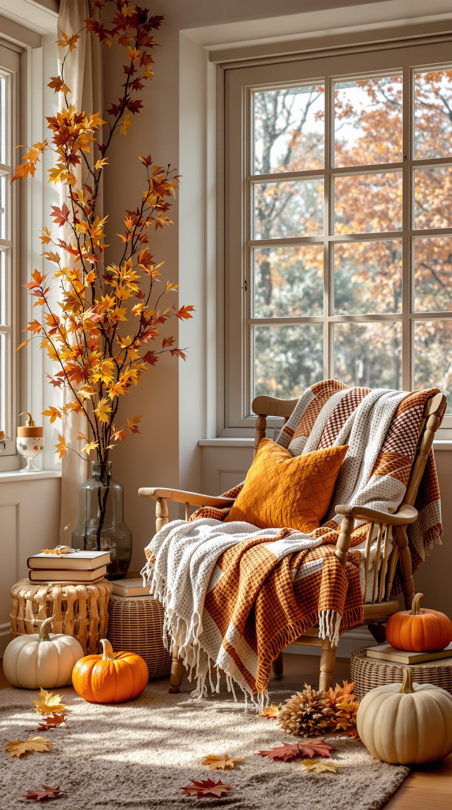 Cozy reading nook with a wooden chair, warm blanket, autumn leaves, and pumpkins.