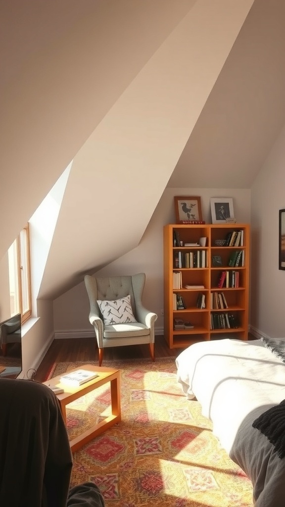A cozy reading nook in a loft bedroom with a chair, bookshelf, and warm sunlight.