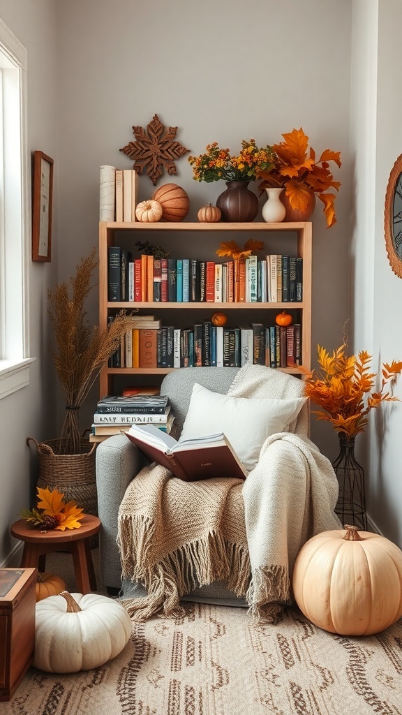 A cozy reading nook with a gray chair, a bookshelf filled with books, autumn decorations, and a warm throw blanket.