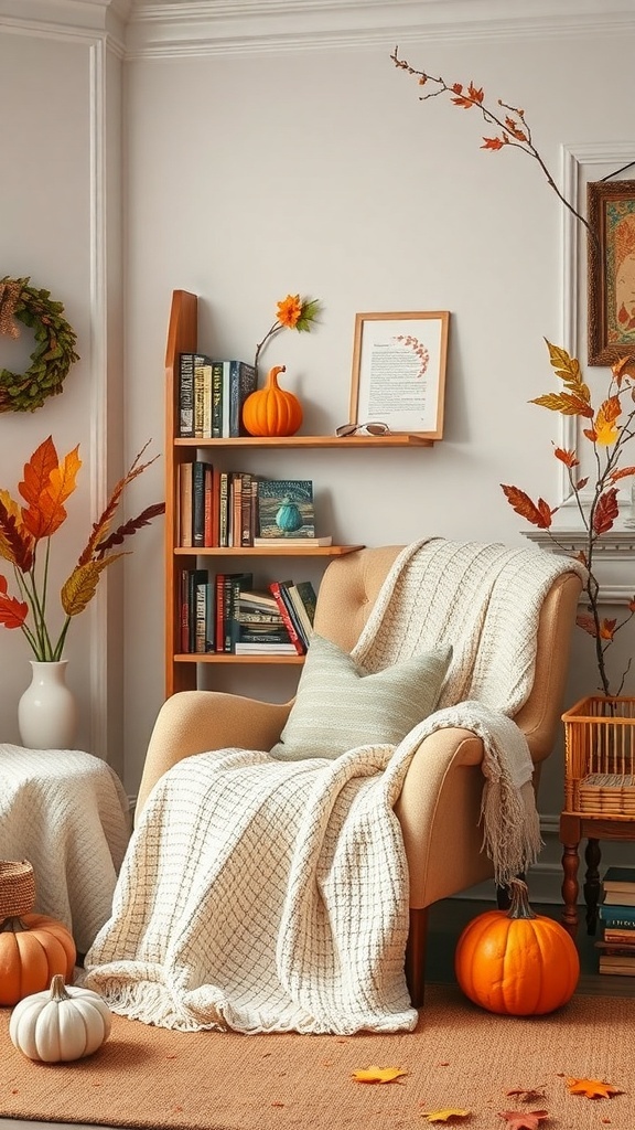 A cozy reading nook with an armchair, blankets, pumpkins, and autumn decorations.