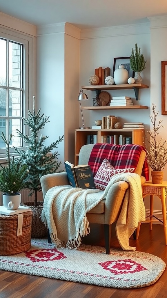 A cozy reading nook with an armchair, blanket, small trees, and a bookshelf.