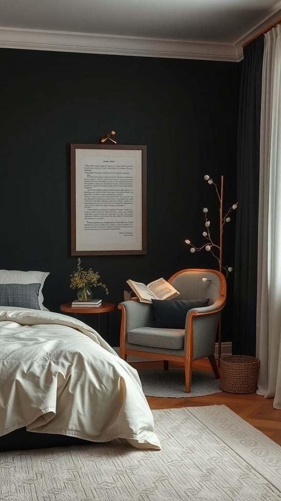 Cozy reading nook in a black and cream bedroom with a chair, side table, and warm lighting.