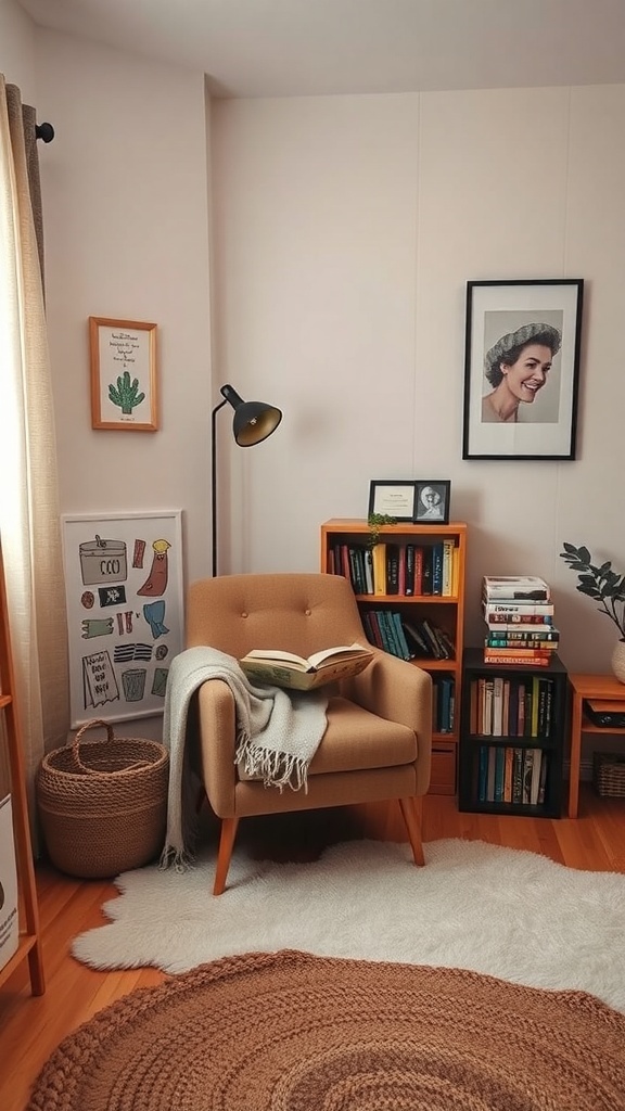 Cozy reading nook with a chair, blanket, and bookshelves.
