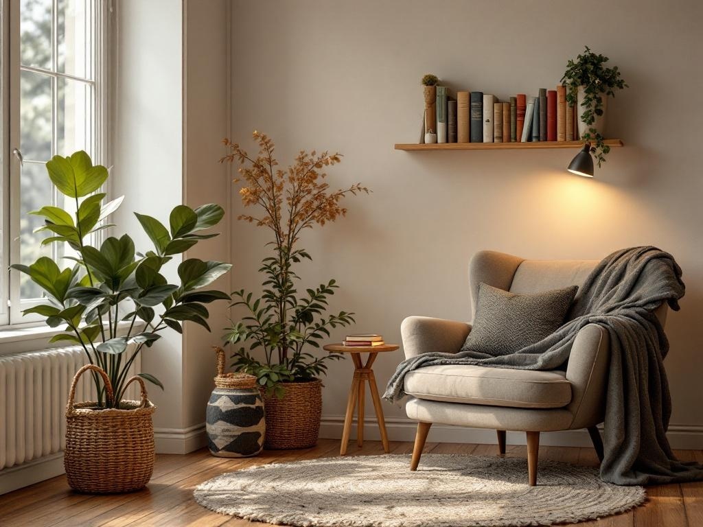 A cozy reading nook featuring a soft armchair, plants, a side table, and a bookshelf.