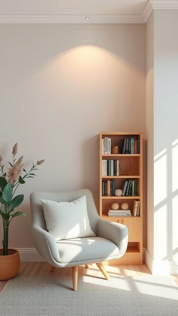 A cozy reading nook with a soft armchair, a small bookshelf, and a potted plant.
