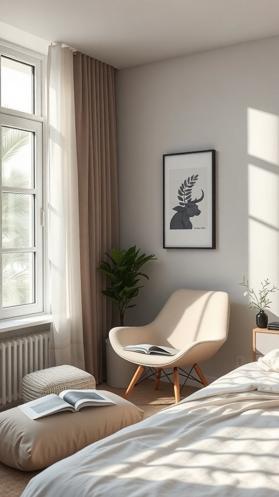 A cozy reading nook in a modern bedroom with a chair, books, and plants.