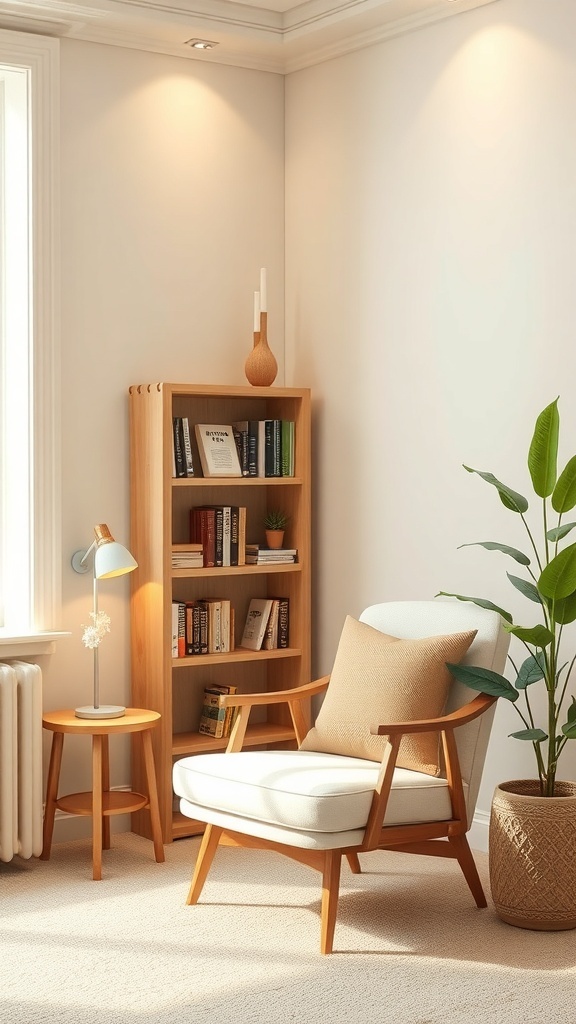 A cozy reading nook featuring a comfortable chair, a small bookshelf, and a plant.