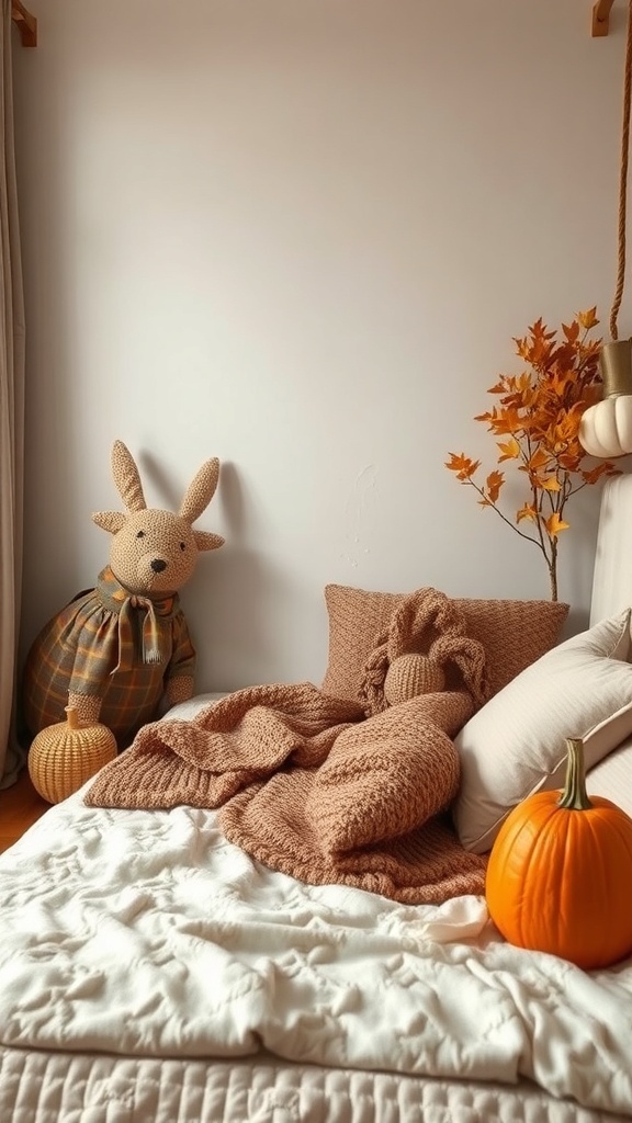 Cozy reading nook with warm bedding, a pumpkin, and autumn decorations.