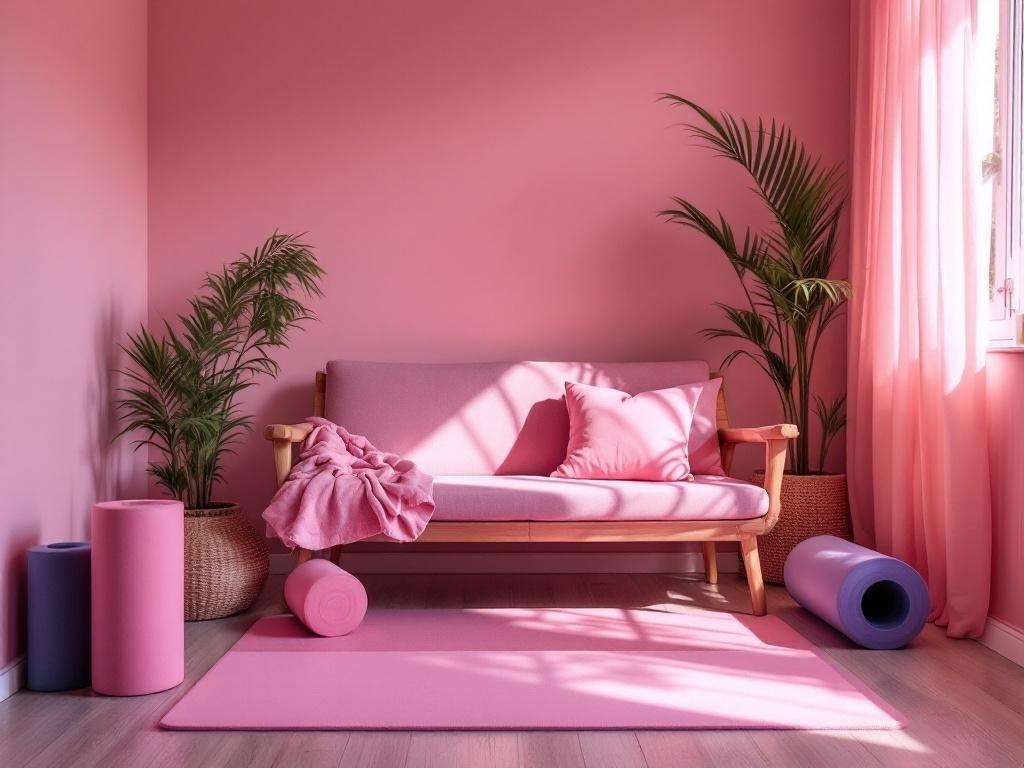 A cozy pink recovery area with a sofa, yoga mats, and plants.