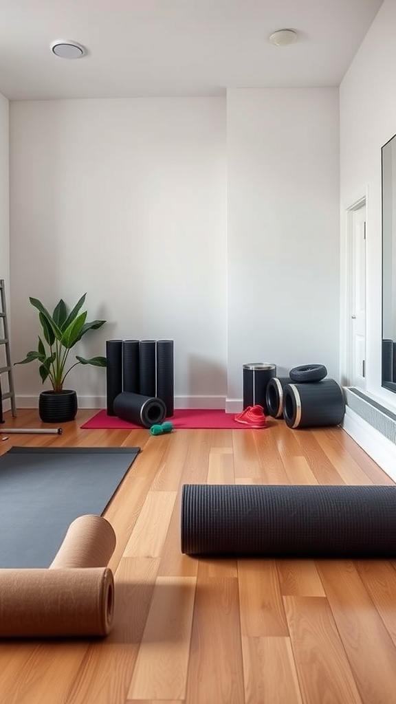 A bright home gym stretching area with mats, foam rollers, and a plant.