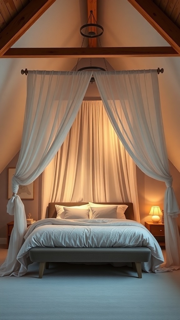 A cozy loft bedroom with a canopy over the bed, soft lighting, and a serene atmosphere.