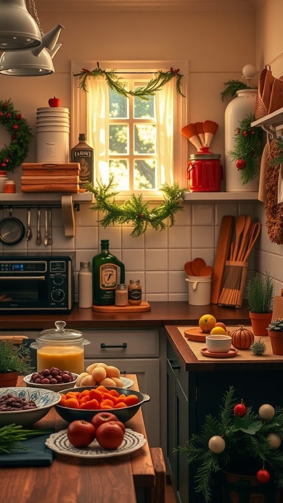 A festive kitchen decorated for Christmas with fruits and holiday decorations.