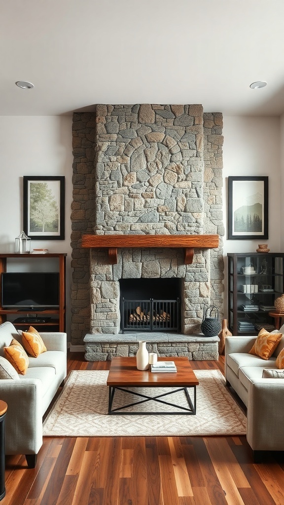 A rustic stone fireplace in a modern living room with comfortable seating and a wooden coffee table.