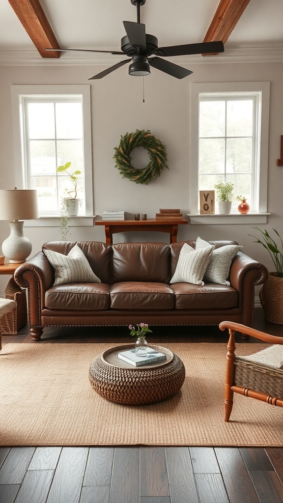 A cozy farmhouse living room featuring a leather couch, wooden accents, and natural decor.
