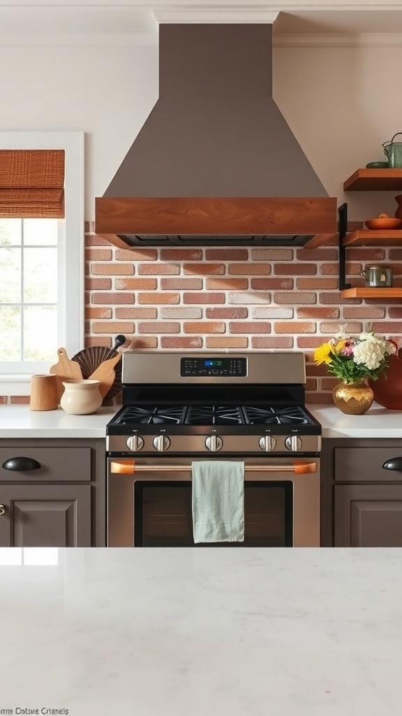 Farmhouse kitchen with a brick backsplash and modern appliances.