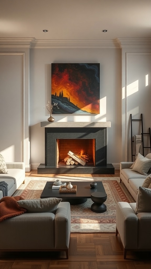 A modern living room featuring a fireplace and a bold painting above it.