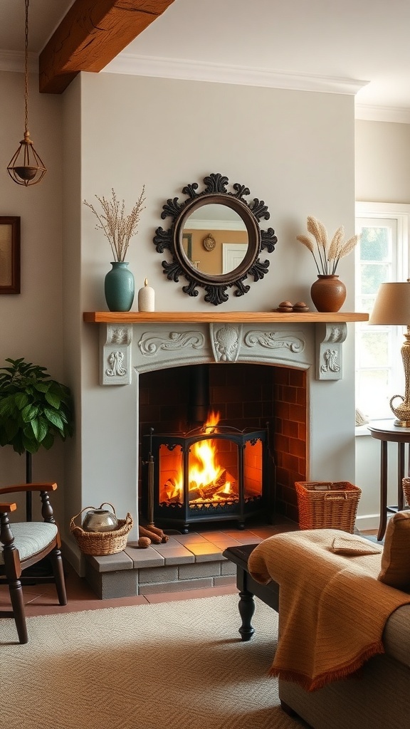 A cosy cottage living room featuring a fireplace, decorated with plants and a mirror.