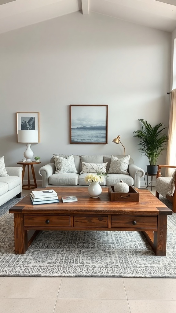 A cozy living room featuring a large rustic coffee table surrounded by comfortable seating.