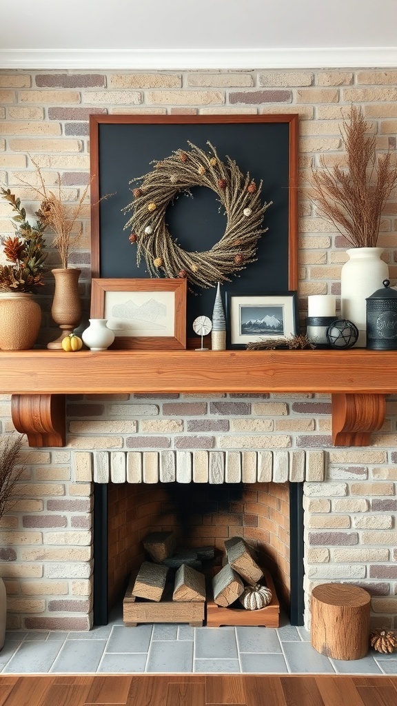 Rustic farmhouse fireplace with a wooden mantel and decorative items.