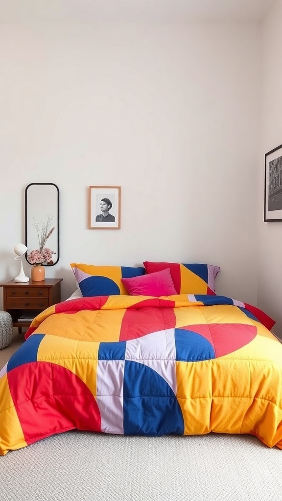 A small guest bedroom featuring a colorful quilt with geometric patterns on the bed, a mirror, and framed artwork on the wall.