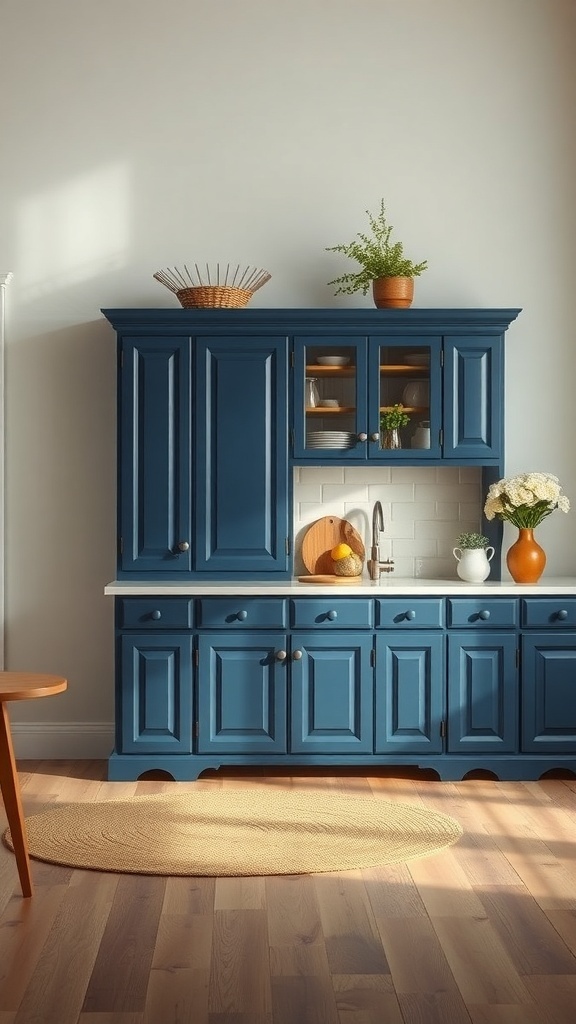 A farmhouse kitchen with bold blue cabinets and warm accents.