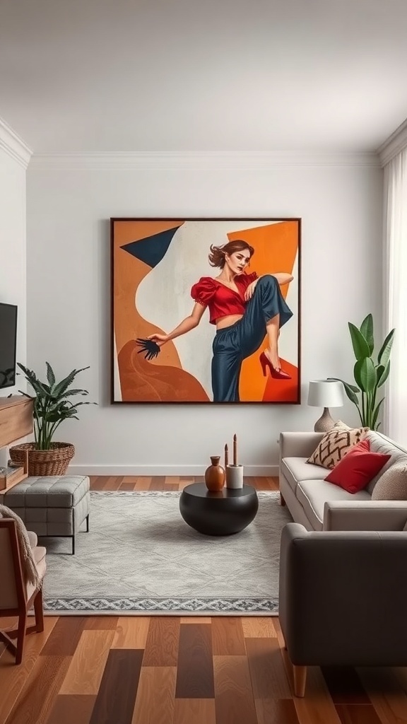 A stylish living room featuring a large statement painting, modern furniture, and plants.