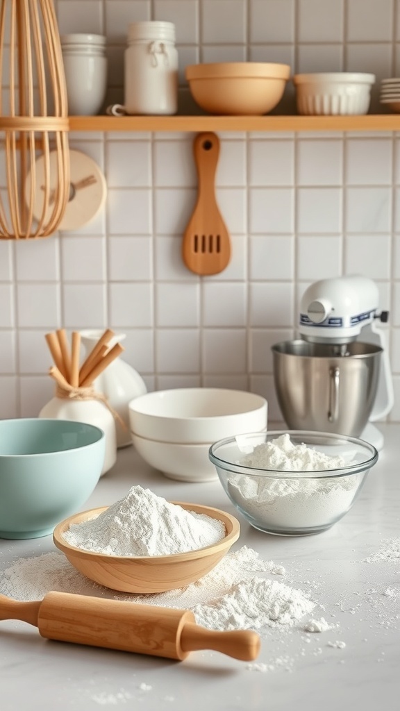 A well-organized baking station with flour, mixing bowls, and kitchen tools on a countertop.