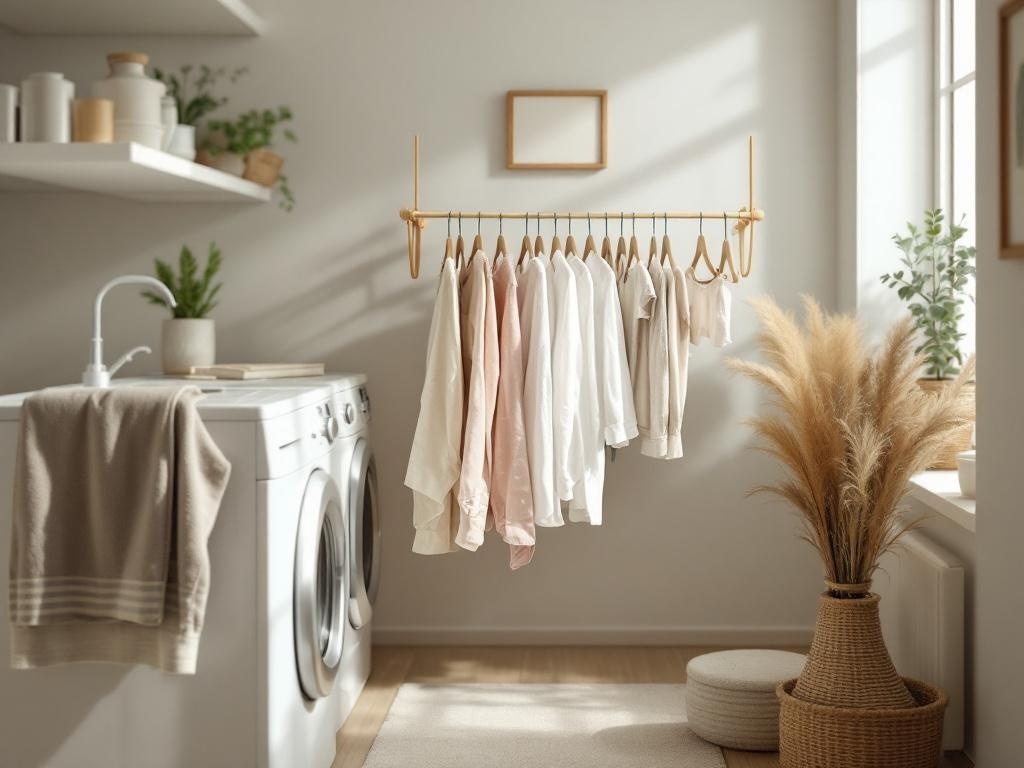 A small laundry room featuring a drying rack with clothes, a washing machine, and decorative plants.