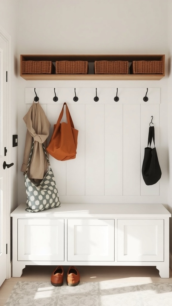 A functional entryway with hooks, baskets, and a bench for storage.
